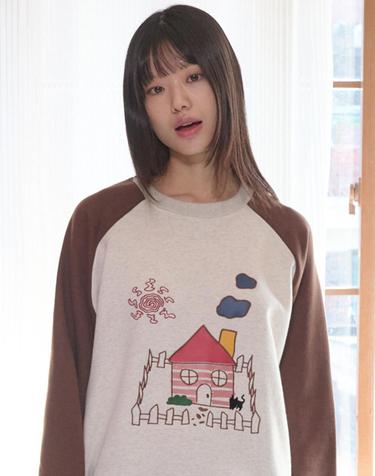 엠블러 남여공용 HOME and CAT 자수 기모 맨투맨 티셔츠 AMM1325-오트밀