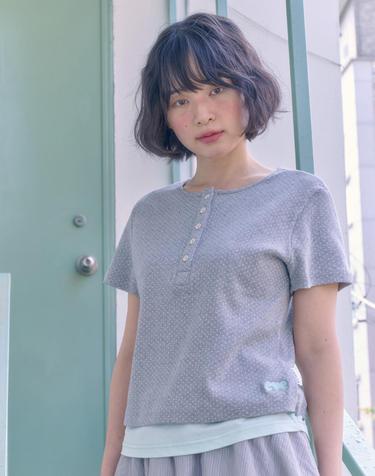 엠블러 Botton Dot Layered Cotton T-Shirt 자수 크롭 반팔 티셔츠 ACR703-멜란지