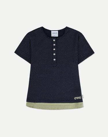 엠블러 Botton Dot Layered Cotton T-Shirt 자수 크롭 반팔 티셔츠 ACR703-네이비