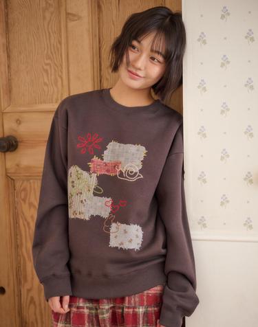 엠블러 남여공용 Chain Stitched Vintage 자수 맨투맨 티셔츠 AMM1407-다크브라운