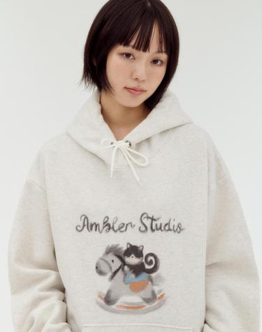 엠블러 남여공용 Horse Rider Cat 후드 티셔츠 AHP1304-오트밀