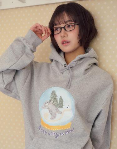 엠블러 남여공용 Winter Snow Cat 후드 티셔츠 AHP1305-멜란지