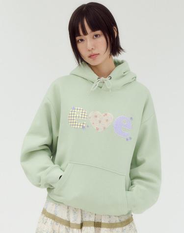 엠블러 남여공용 Check Flower 아플리케 자수 후드 티셔츠 AHP1306-라이트그린