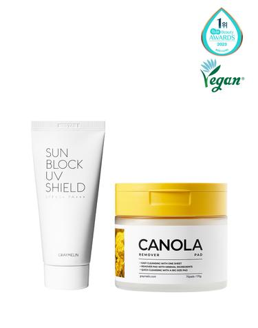 [비건인증/주름/미백개선] 카놀라 클렌징 리무버패드 70매 + 썬블록 UV쉴드 50ml (SPF50+/PA+++)
