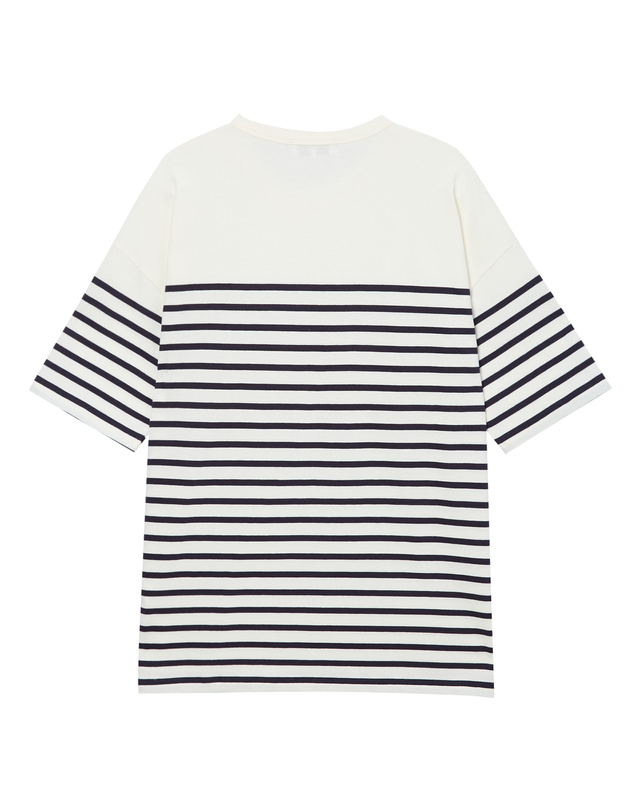 라움 남성 [MAISON LABICHE] 화이트 스트라이프 면 반팔티셔츠 흰색 착용컷