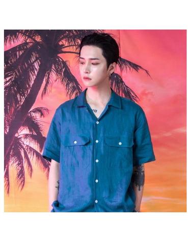 린넨 오픈 칼라 워크 셔츠 (그린블루)