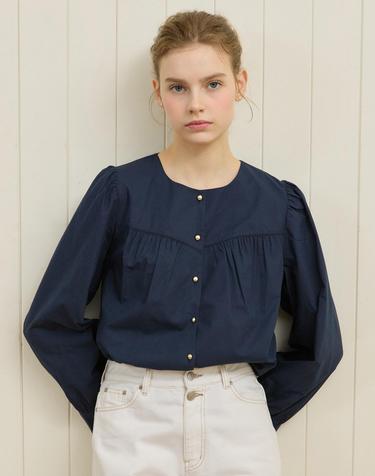 Shirring Goldish Blouse - Navy