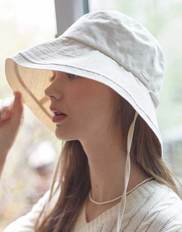 Linen Ribbon Bucket Hat - Light Beige