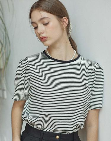Stripe Puff Sleeve T-shirt - Cream Stripe