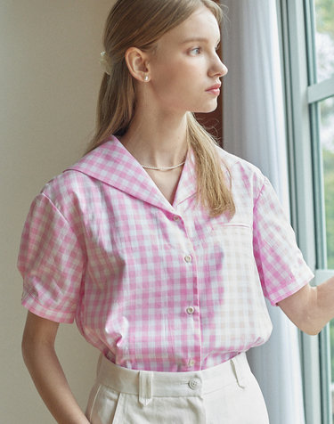 Gingham Marine Collar Shirt - Pink