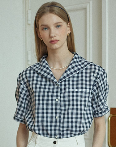 Gingham Marine Collar Shirt - Navy