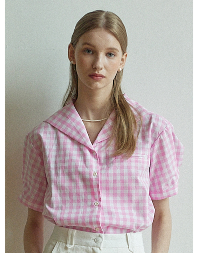 논로컬 Gingham Marine Collar Shirt - Pink 착용컷