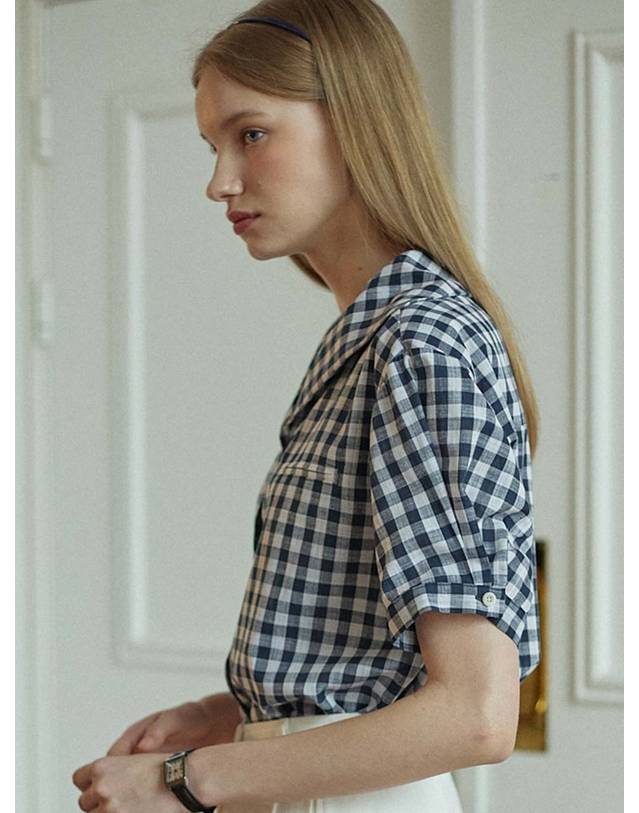 논로컬 Gingham Marine Collar Shirt - Navy 착용컷
