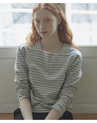Boat Neck Stripe T-Shirt - Grey