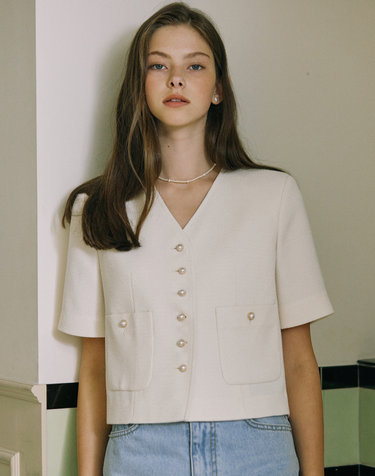 V-neck Tweed Half Sleeve Jacket - Ivory