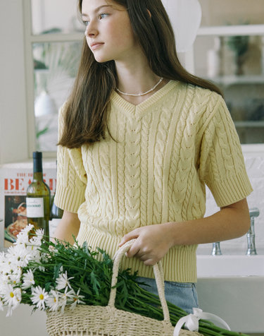 V-neck Cable Half Sleeve Knit - Butter Yellow