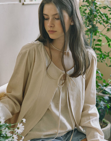 Linen Shirring Cardigan - Beige