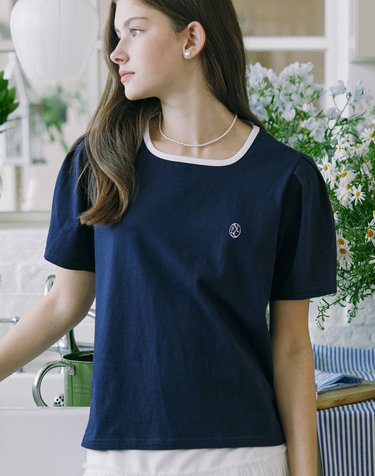 Neckline Puff Sleeve T-shirt - Navy