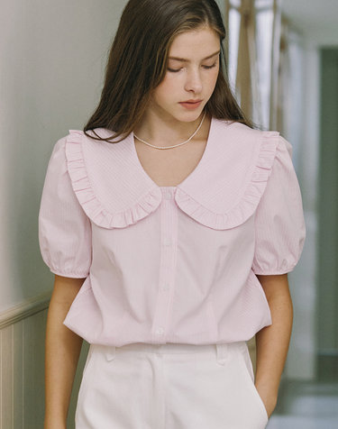 Ruffle Collar Stripe Blouse - Pink