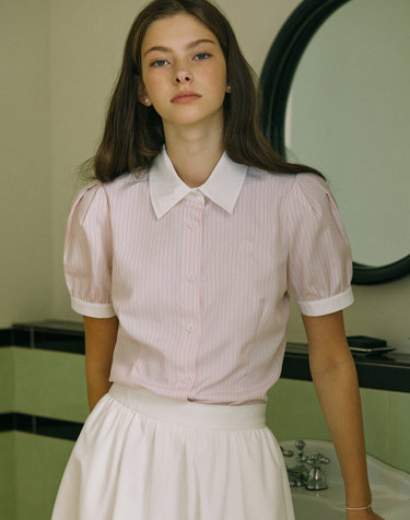 Puff Half Sleeve Stripe Shirt - Pink