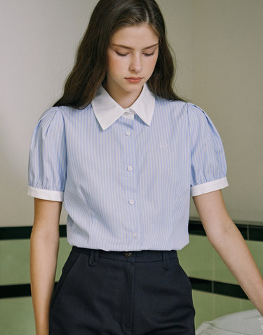 Puff Half Sleeve Stripe Shirt - Blue