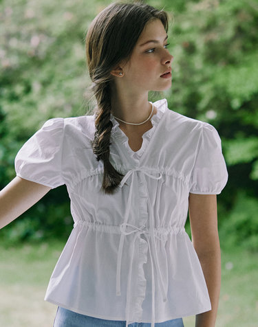 Ribbon Shirring Puff Sleeve Blouse - White