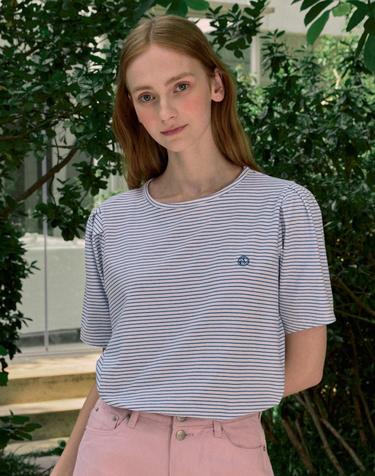 Volume Sleeve Logo Stripe T-shirt - Blue