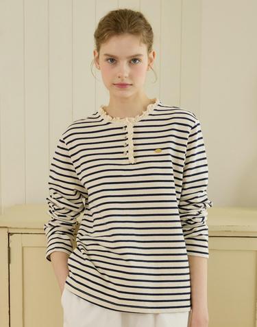 Neck Frill Stripe Long Sleeve - Navy