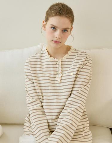 Neck Frill Stripe Long Sleeve - Beige