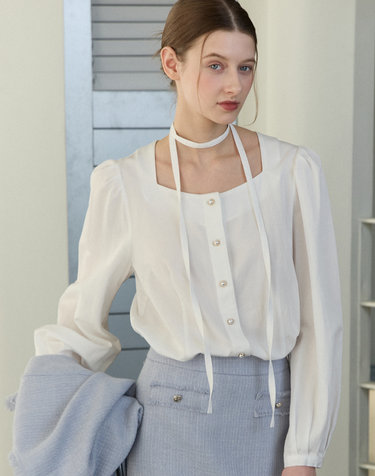 Ribbon Tie Square Neck Blouse - White