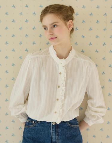 [블랙핑크 지수 착용] Textured Double Frill Blouse - White