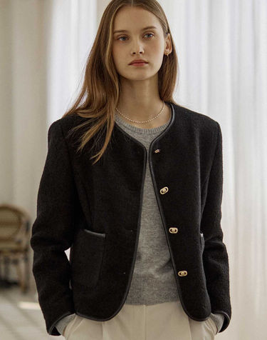 Leather Line Point Tweed Jacket - Black