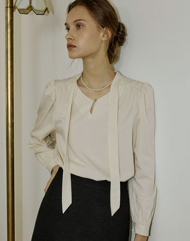 Scarf Tie Goldish Blouse - Light Beige