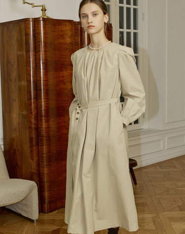 Round Neck Easy Belt Dress - Beige