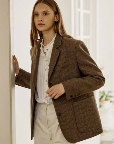 Three Button Wool Blend Classic Jacket - Brown