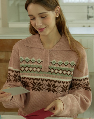 Snowflake Jacquard Collar Wool Knit - Pink