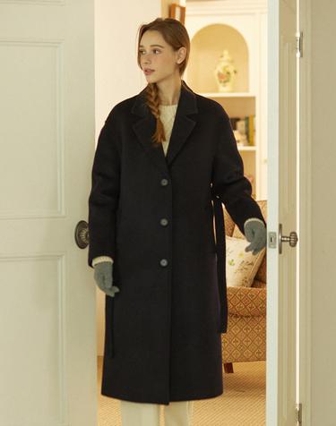 Muffler Belted Wool Long Coat - Navy