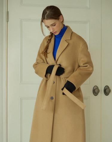 Muffler Belted Wool Long Coat - Camel