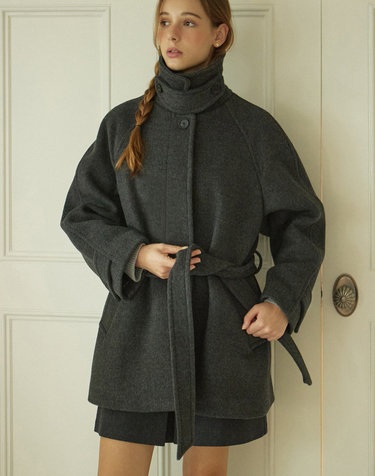Raglan Belted Wool Half Coat - Charcoal
