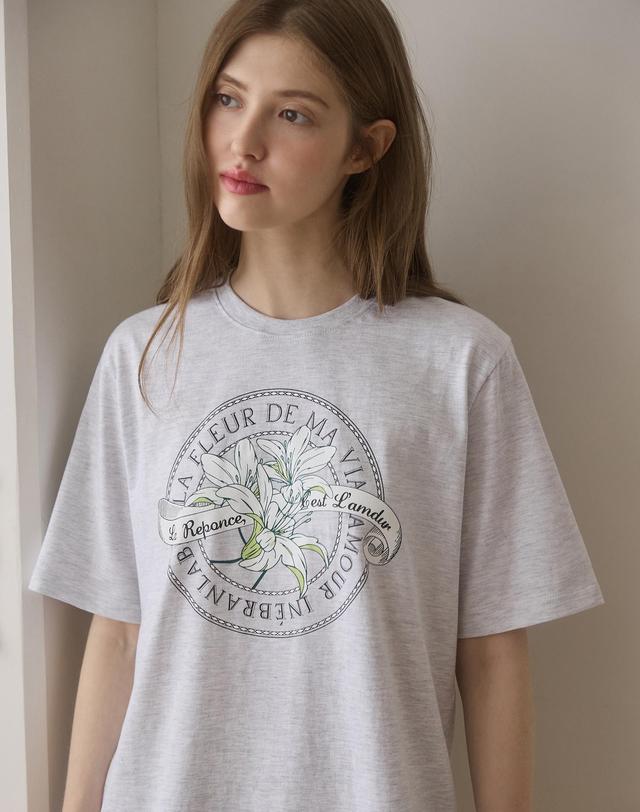 논로컬 Lily Print T-shirt - Light Grey 착용컷
