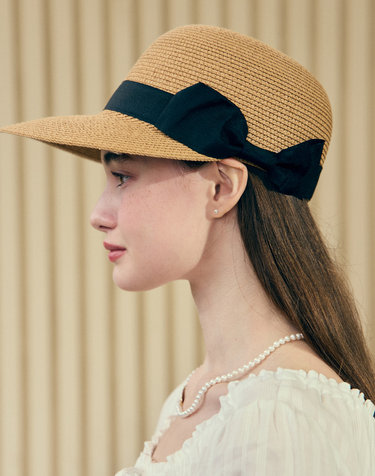 Ribbon Rattan Sun Visor Hat - Beige