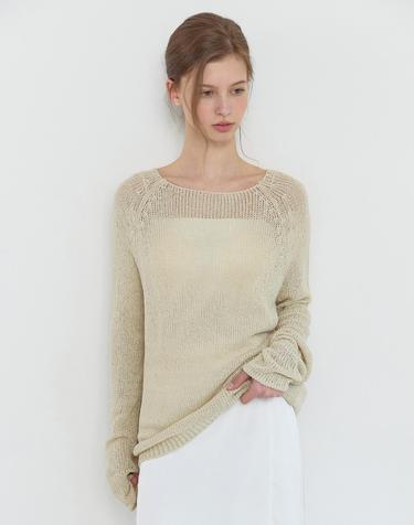 Boat Neck Bookle Netted Knit Top - Light Beige