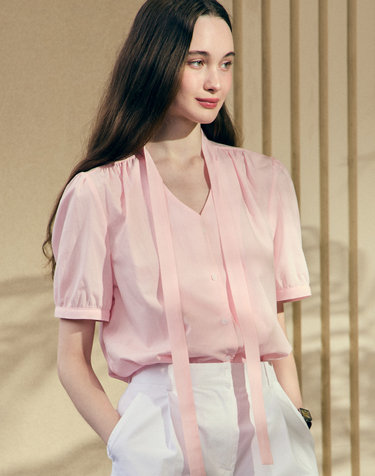 Tie Collar Shirring Half Sleeve Blouse - Pink