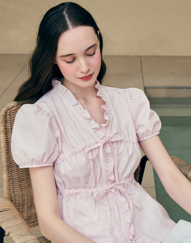 Ribbon Shirring Puff Sleeve Blouse - Pink