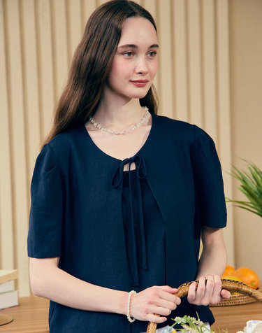 Linen Half Sleeve Cardigan - Navy