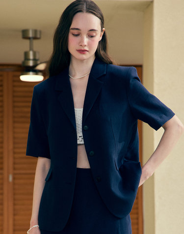 Linen Half Sleeve Jacket - Navy