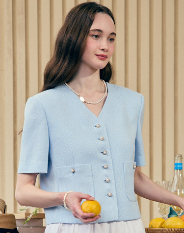 V-neck Tweed Half Sleeve Jacket - Blue