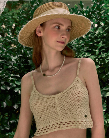 Line Point Rattan Boater Hat - Light Beige