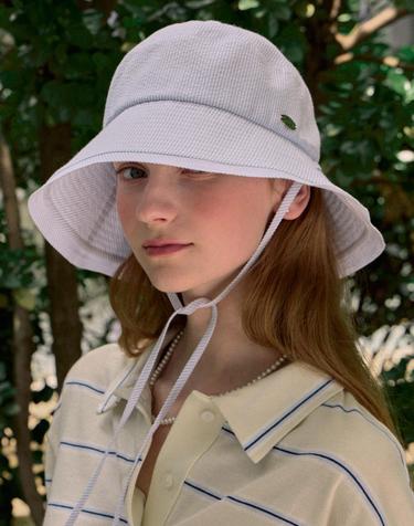 Seersucker Stripe Ribbon Bucket Hat - Blue