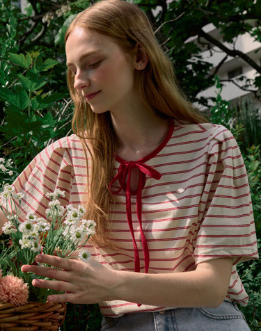 Ribbon Stripe Puff Sleeve T-shirt - Red
